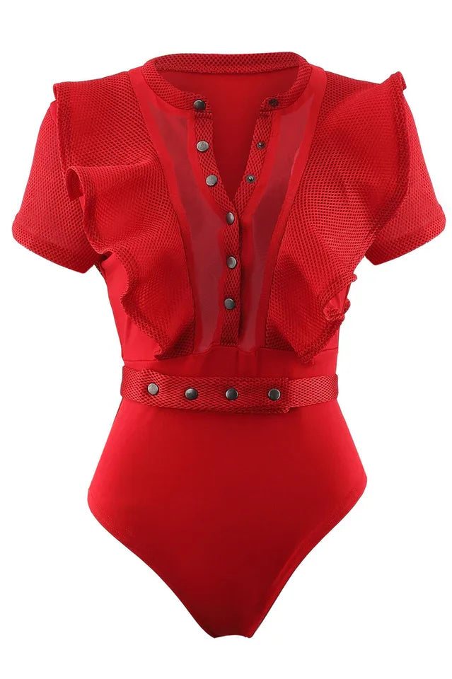 Red ruffled bodysuit with sheer mesh panels and a belted waist, front view.