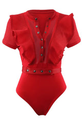Red ruffled bodysuit with sheer mesh panels and a belted waist, front view.