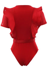Red ruffled bodysuit with sheer mesh panels and a belted waist, back view.