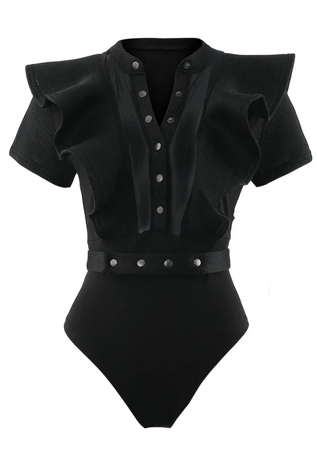 Black ruffled bodysuit with sheer panels and a button-down front