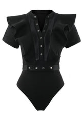 Black ruffled bodysuit with sheer panels and a button-down front