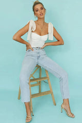 Lace Up White Tank Top - TEVQA
