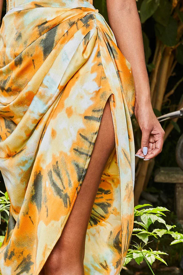 Tie Dye Ruched Side Midi Satin Dress - TEVQA