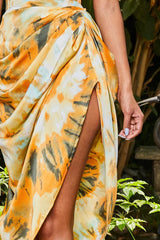 Tie Dye Ruched Side Midi Satin Dress - TEVQA