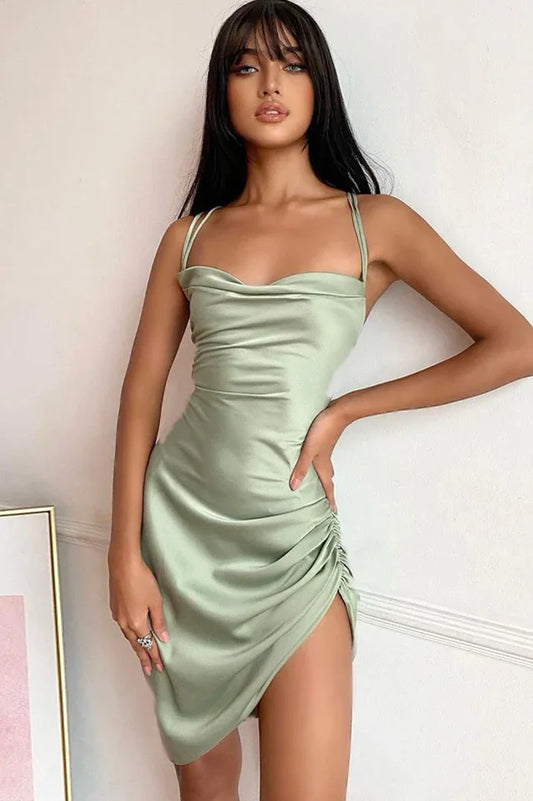 Ruched Backless Satin Mini Dress - TEVQA