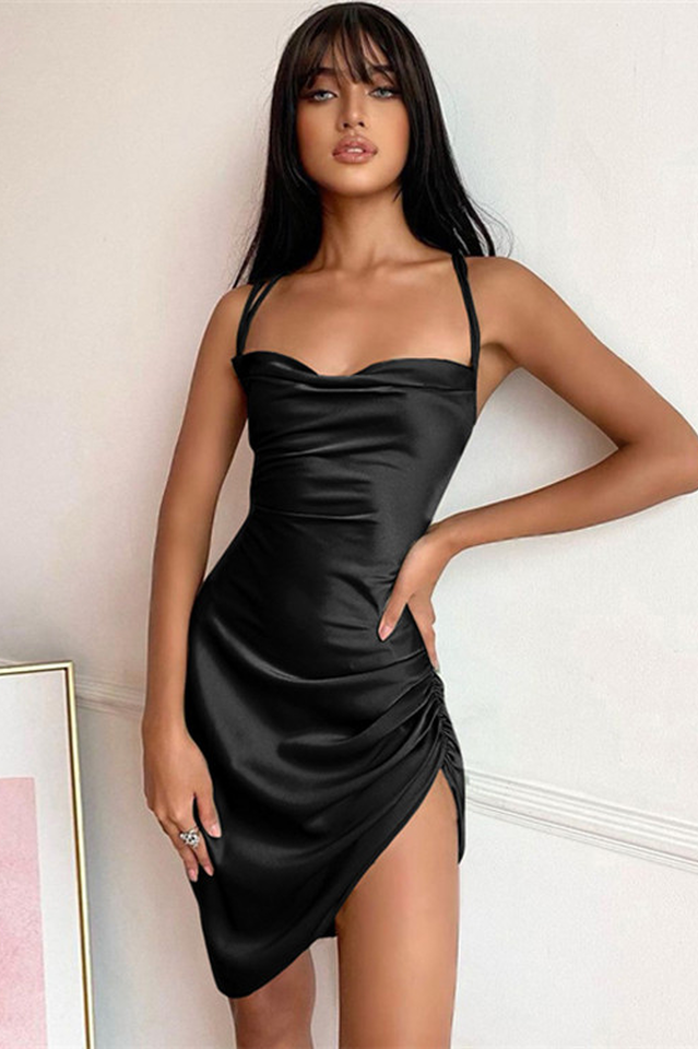 Ruched Backless Satin Mini Dress - Dress In Beauty