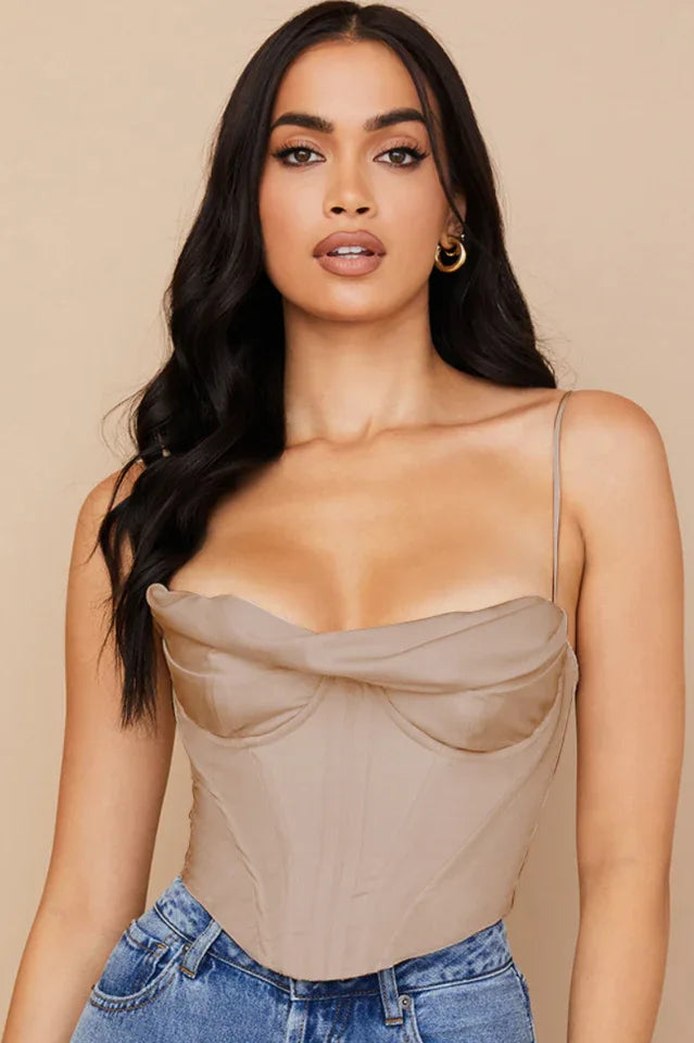Genevieve Cream Satin Draped Corset Top - View 13 | TEVQA