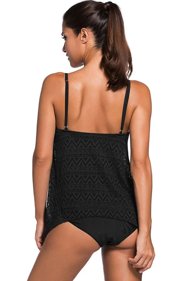 Women's solid color crocheted tankini swimsuit set - View 9 | TEVQA