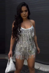 Sequin fringe romper with halter neckline - View 6 | TEVQA