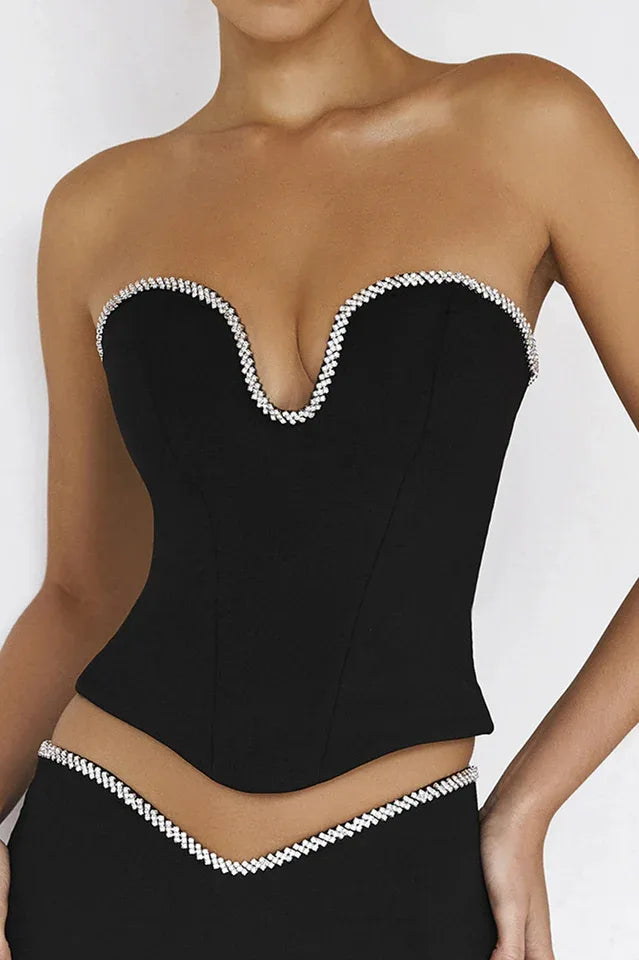Black Crystal Trimmed Corset - TEVQA