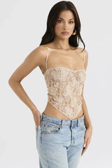 Cream paisley lace corset top with sweetheart neckline and adjustable straps - View 7 | TEVQA