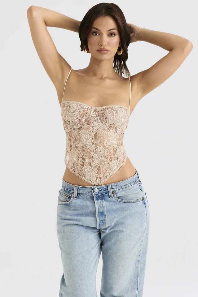 Cream paisley lace corset top with sweetheart neckline and adjustable straps - View 6 | TEVQA