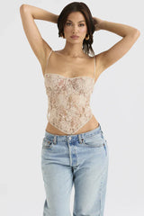 Cream paisley lace corset top with sweetheart neckline and adjustable straps - View 6 | TEVQA