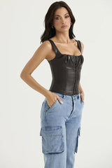 Chocolate faux leather corset top with square neckline and hook and eye front closure - View 6 | TEVQA