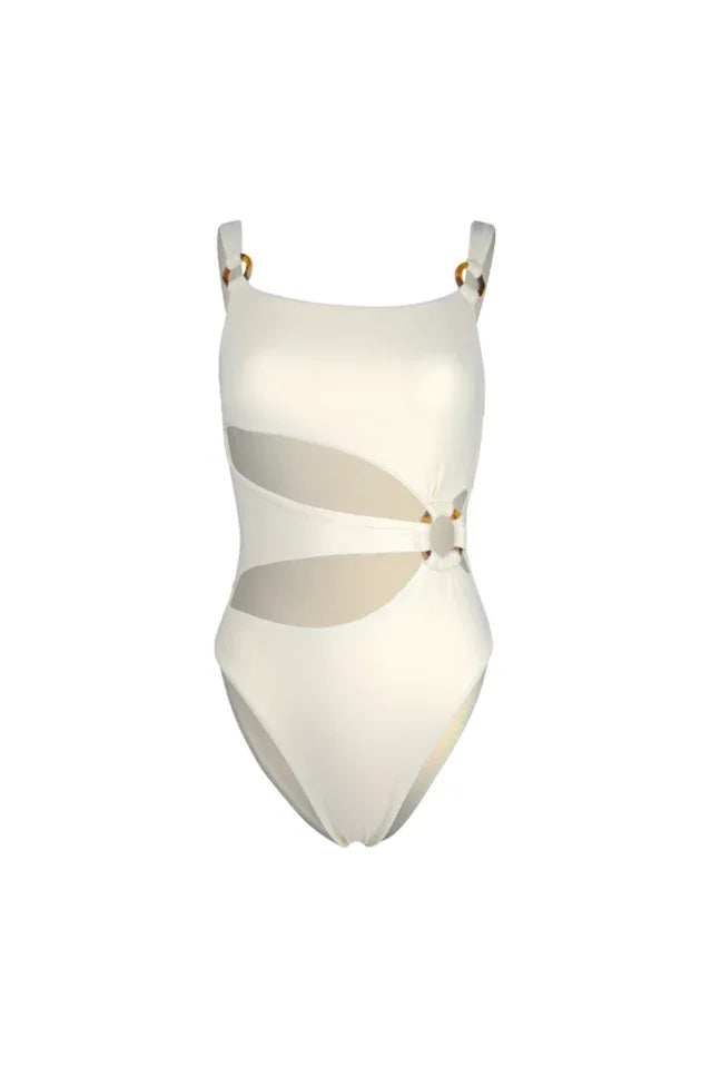 Cream-colored one-piece swimsuit with cut-out details and ring accents, front view.