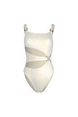 Cream-colored one-piece swimsuit with cut-out details and ring accents, front view.