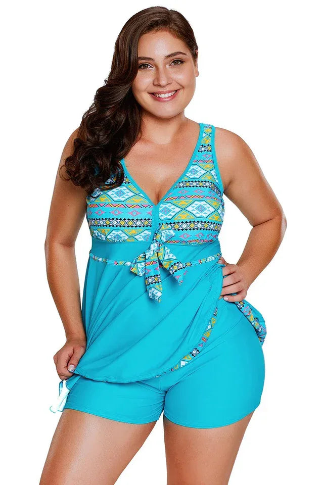 Turquoise Tribal Print Swim Dress With Shorts - TEVQA