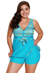 Turquoise Tribal Print Swim Dress With Shorts - TEVQA