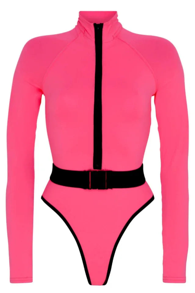 Long sleeve one piece swimsuit with belted waist and mock neck - View 8 | TEVQA