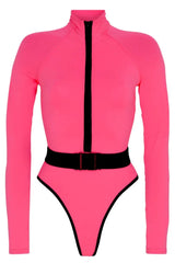 Long sleeve one piece swimsuit with belted waist and mock neck - View 8 | TEVQA