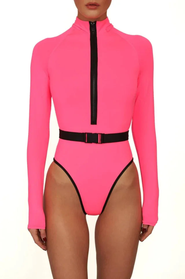 Long sleeve one piece swimsuit with belted waist and mock neck - View 9 | TEVQA