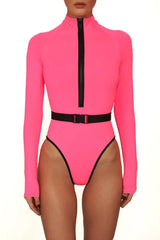 Long sleeve one piece swimsuit with belted waist and mock neck - View 9 | TEVQA