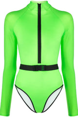 Long sleeve one piece swimsuit with belted waist and mock neck - View 10 | TEVQA