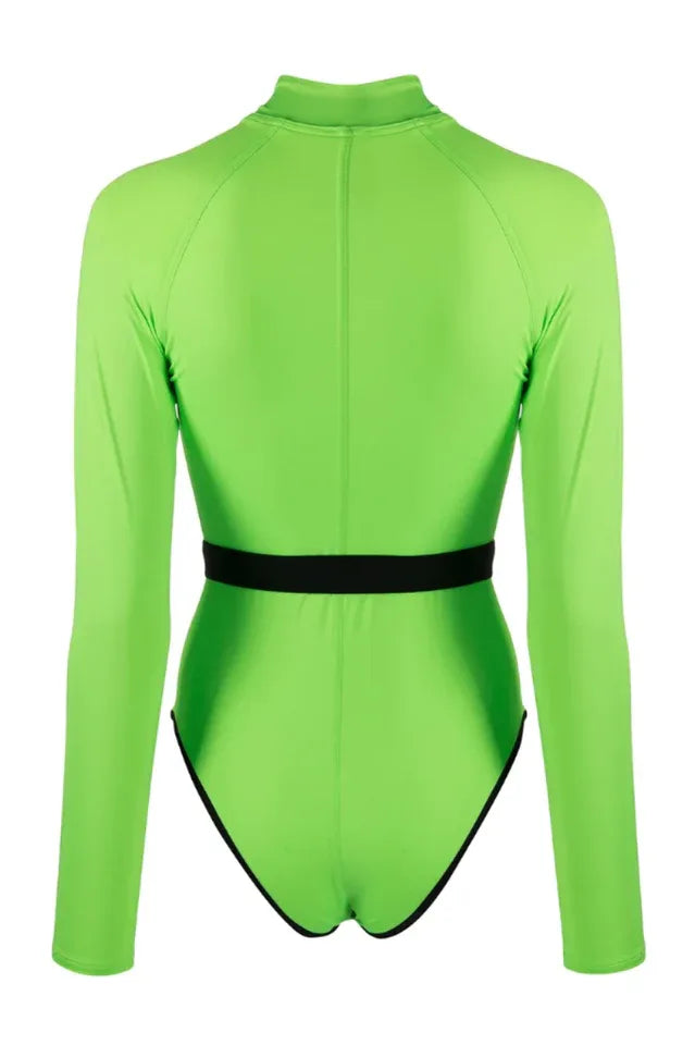 Long sleeve one piece swimsuit with belted waist and mock neck - View 11 | TEVQA