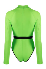 Long sleeve one piece swimsuit with belted waist and mock neck - View 11 | TEVQA