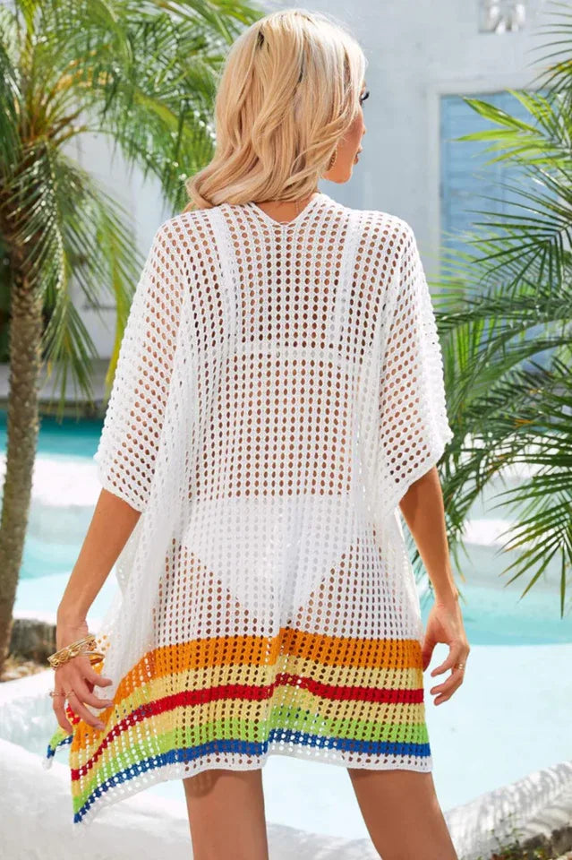 V-neck striped crochet beach cover-up - View 9 | TEVQA