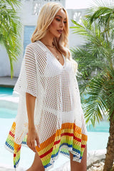 V-neck striped crochet beach cover-up - View 10 | TEVQA