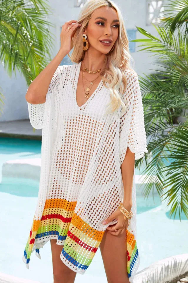 V-neck striped crochet beach cover-up - View 11 | TEVQA