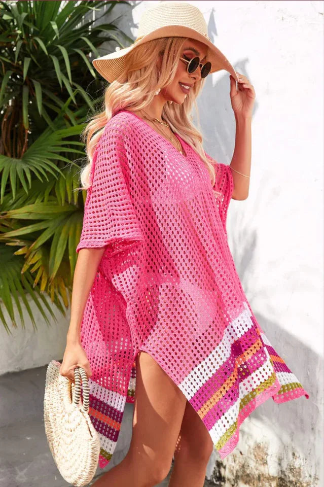 V-neck striped crochet beach cover-up - View 6 | TEVQA