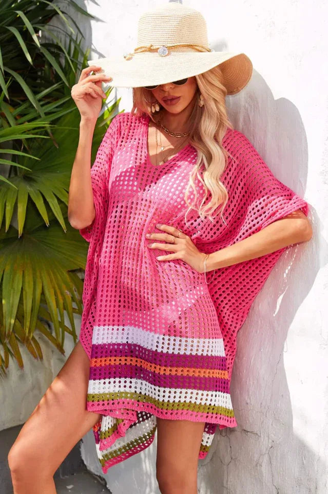 V-neck striped crochet beach cover-up - View 7 | TEVQA