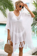 Openwork knit beach cover up with fringe hem - View 6 | TEVQA