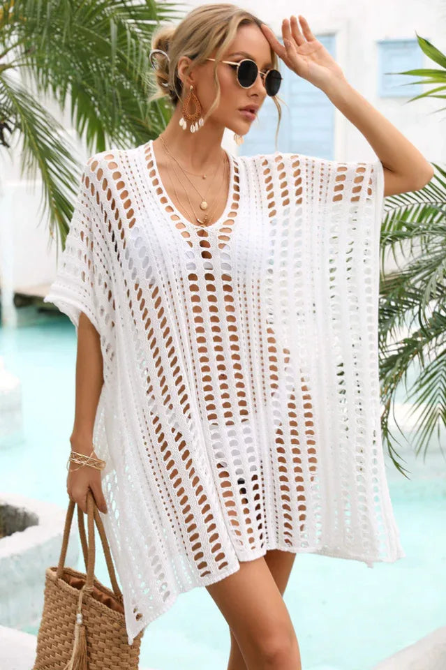 Crocheted beach cover-up with V-neck and side slits - View 7 | TEVQA