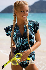 Ruffled Sleeve Rash Guard One Piece Swimsuit - View 10 | TEVQA