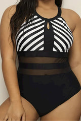 Halter Neck Striped One Piece Swimsuit - View 6 | TEVQA