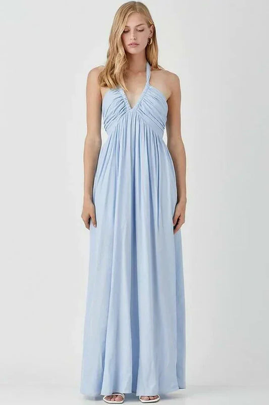 Olivia Misty Blue Halter Maxi Dress - TEVQA