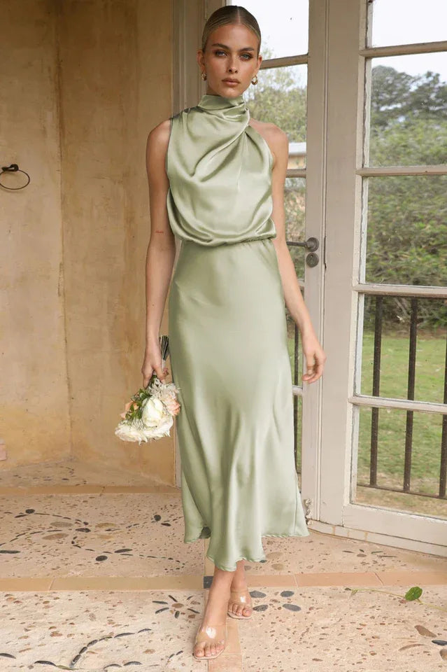 Satin Halter Neck Midi Dress - View 9 | TEVQA