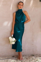 Satin Halter Neck Midi Dress - View 29 | TEVQA