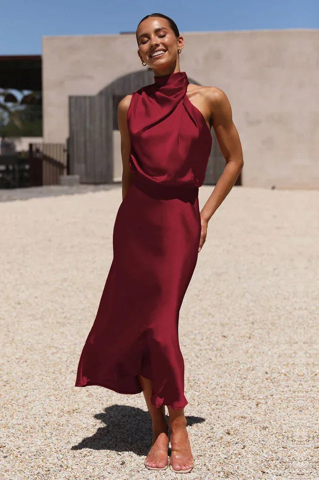 Satin Halter Neck Midi Dress - View 36 | TEVQA