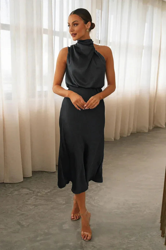 Satin Halter Neck Midi Dress - View 24 | TEVQA