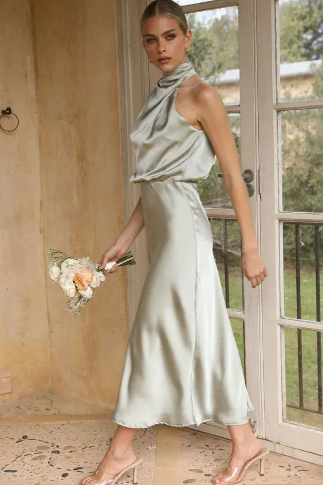 Satin Halter Neck Midi Dress - View 11 | TEVQA