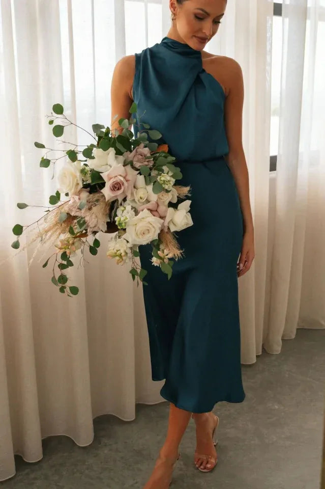 Satin Halter Neck Midi Dress - View 30 | TEVQA