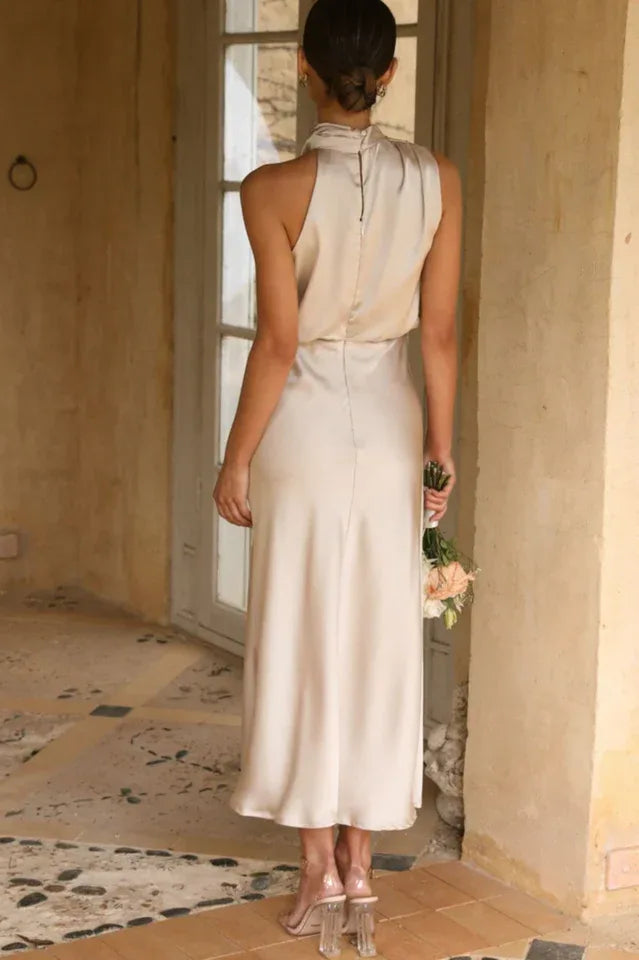 Satin Halter Neck Midi Dress - View 9 | TEVQA