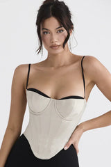 Uvula Off-White Satin Contrast Bustier - Boned Corset Top with Black Trim - TEVQA