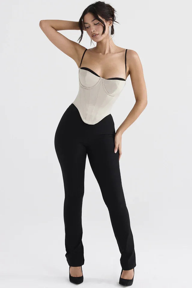 Uvula Off-White Satin Contrast Bustier - Boned Corset Top with Black Trim - TEVQA