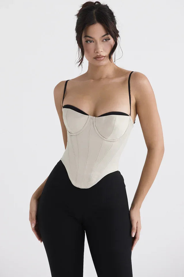 Uvula Off-White Satin Contrast Bustier - Boned Corset Top with Black Trim - TEVQA