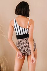 One shoulder swimsuit with stripe and leopard print - View 6 | TEVQA